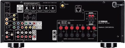 Yamaha RX-V681 titanium home theater receiver, rear view, audio/video connectivity, HDMI ports, antennas, speaker terminals
