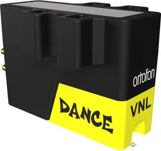 Cellule phono pour platine vinyle DJ Ortofon VNL DANCE en plastique noir et jaune, vue de biais, broches dorées, dessus gris