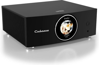 Cabasse ABYSS satineret sort hi-fi stereoforstærker, frontvisning, rund oplyst display med stiliseret ansigt i midten
