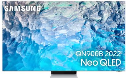 Samsung QE75QN900B 2022 Neo QLED-tv viser et abstrakt turkisblåt billede med hvide organiske former