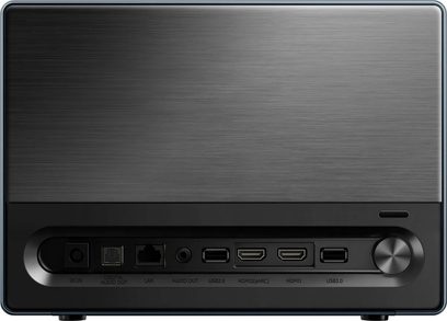 Hisense C1 projektors, aizmugures skats, melns apdare, 8 porti: DCIN, digitālais audio, LAN, audio, USB2.0, HDMI2, HDMI1, USB3.0