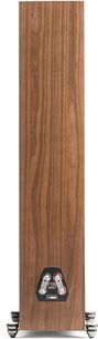 Diffusore a colonna MartinLogan Motion XT F100 noce vista posteriore con pannello in legno, connettori audio e piedini metallici
