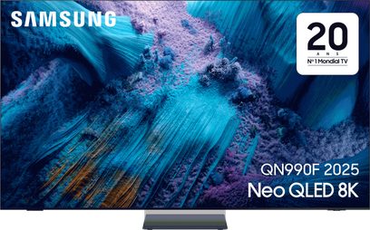 Samsung QN990F 2025 Neo QLED 8K Fernseher Frontansicht schmales Display mit abstraktem blau-violettem Muster