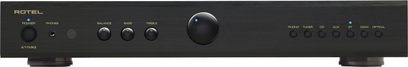Amplificatore hi-fi integrato stereo Rotel A11 MKII nero, vista frontale, pulsanti circolari, selettori, presa per cuffie, finitura nera
