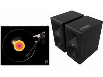 Pack de gira-discos de vinil Rega Planar 3 preto com par de colunas ativas Klipsch pretas