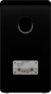 Přední pohled na sloupový reproduktor Sonoro Orchestra slim v matné černé barvě, s černou mřížkou, logem a konektory dole