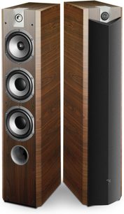 Focal Chorus 726 V gulvhøjttalere i venge, set forfra og fra siden, mørkt træ, 3 højttalere, diskant, bas-refleksport