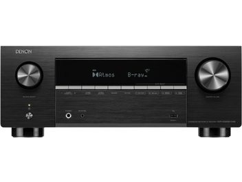 Ενισχυτής home-cinema Denon AVR-X2900HDAB μαύρος, μπροστινή όψη, μεγάλη κεντρική οθόνη και δύο μεγάλες ασημί περιστροφικές επιλογές