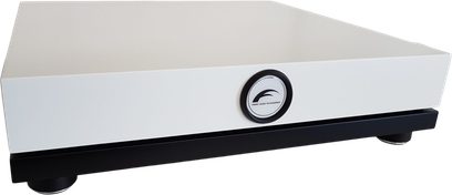 Audio-Dämpfer Franc Audio Accessories Wood Block FAT Platform weiß auf schwarzer Basis mit rundem Frontlogo