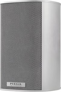 Piega Ace 30 boekenplankspeaker zilver, gebogen aluminium behuizing, grote donkergrijze geperforeerde metalen frontgrille