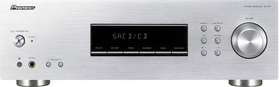 Amplificador estéreo hi-fi Pioneer SX-20 en color plata, panel frontal con pantalla digital, botones y perillas de ajuste
