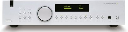 Sølvfarvet Arcam FMJ-A32 stereo hi-fi-forstærker, frontpanel med knapper, volumenkontrol, grønt display, hovedtelefonstik