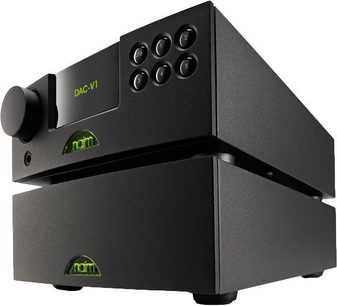 Černý zesilovač Naim Audio DAC-V1, pohled zepředu, 6 kulatých tlačítek, 2 jack konektory, zelený displej s nápisem "DAC-V1" na přední straně