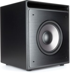 THX-1200-SW, subwoofer nero, vista angolare, parte frontale con altoparlante centrale argentato, condotto rettangolare in alto