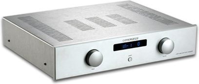 Consonance A100 Linear sølv stereo hi-fi-forstærker set forfra, blåt display, drejekontakter, stik på forsiden