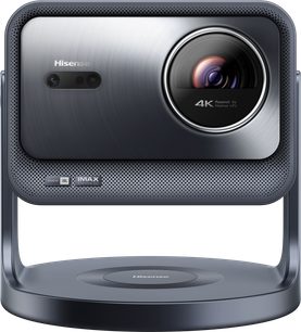 Hisense C2 Pro projector, front view, rectangular gray casing, circular lens on the right, JBL and IMAX logos