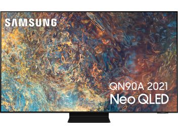 Televizor Samsung QN90A 2021 Neo QLED zobrazující abstraktní barevný obraz v modrých, oranžových a žlutých tónech