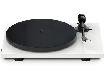 Hi-fi platespiller E1 BT hvit AT3600L med svart, sirkulært tallerken, svart tonearm, hvit rektangulær sokkel, sylindriske føtter