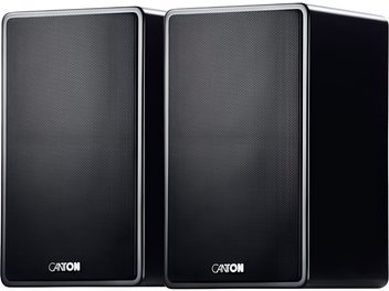 Monitores Canton AM 5 negro lacado con rejilla metálica fina, par compacto visto de frente