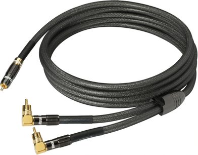 Kabel do subwoofera Y-SUB1801, pozłacane złącza RCA, czarna pleciona osłona, widok zwinięty, dwie kątowe wtyczki