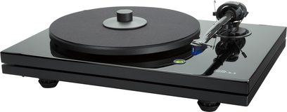 Hi-fi pladespiller Music Hall MMF 5.3 sort, set ovenfra, tonarm med pickup, mat sort pladeskive, blankt sort kabinet