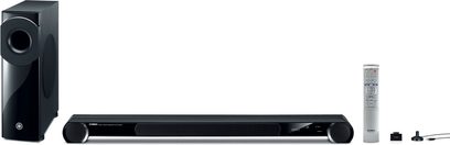 Yamaha YSP-3300 sort soundbar, subwoofer, fjernbetjening, frontvisning, på hvid baggrund
