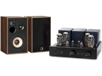 Coppia di diffusori Elipson Heritage XLS 7 con finitura noce con amplificatore valvolare nero vista frontale
