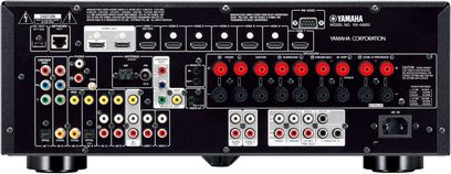 Yamaha RX-A820 sort hjemmebiografsforstærker, frontpanel, frontvisning, mange stik og knapper, LED-display