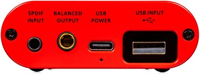 Bærbar iFi Audio iDSD Diablo rød audio-konverter, set forfra, med SPDIF-, USB-stik og hovedtelefonstik