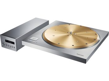 Technics SP-10R skivspelare i borstad silver metall, guldpläterad tallrik, separat kontrollenhet med display, tre-kvarts vy