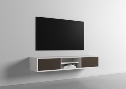 AV-meubel Clic Classic Series model 240, groot, in wit hout, zwevend, met getextureerde bruine deuren en centrale nis, 3/4-aanzicht