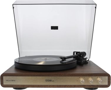 Brun Enova HIFI VELA MV2-pladespiller, guldfarvet front med tre knapper og åbent gennemsigtigt låg