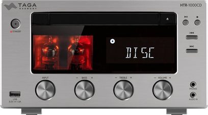 Taga Harmony HTR-1000CD høyttalersystem, frontvisning, digitalt display, 4 roterende knapper, USB- og audioporter, 2 glødende vakuumrør