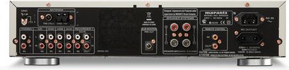 Marantz SR5023 sort hi-fi stereoforstærker, frontvisning, tilslutninger og betjeningsknapper på forsiden, central digital skærm