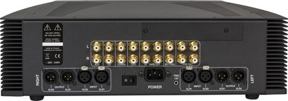 Atoll Electronique PR200 Signature -stereovahvistin, hopeinen, takanäkymä liitännöillä, painikkeilla ja merkkivaloilla