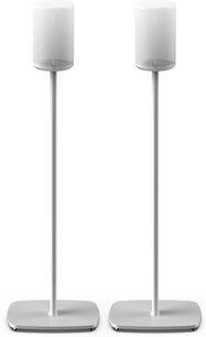 Två Flexson högtalarstativ för Sonos Era 100, vita, rund bas, smal och elegant metallstång