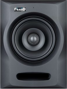 Enceinte de monitoring Fluid Audio FX50, vue de face rapprochée, membrane noire avec grille métallique circulaire au centre