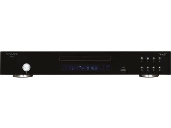 Advance Paris X-cd7 sort CD-afspiller, frontvisning, blå skærm, sølvfarvede knapper og drejeknap, USB-porte til højre
