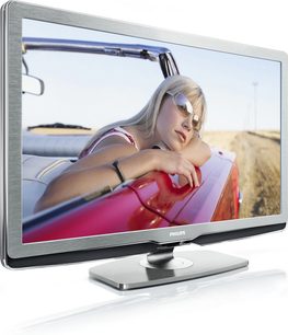 Philips 52PFL9704H-fladskærm, der viser en ung blond pige med solbriller, der ligger i en rød cabriolet