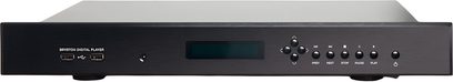 Player audio Bryston BDP-3 negru, fațadă din aluminiu periat cu ecran, butoane de control și porturi USB frontale