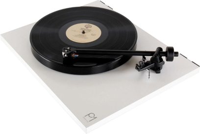 Rega Planar 1 matte white turntable, top view, black platter, black tonearm, on square white background