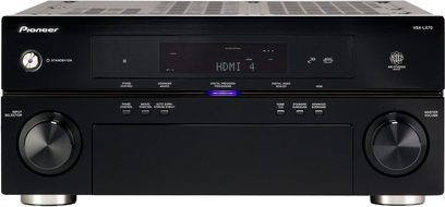 Pioneer VSX-LX70 sort home-cinema-forstærker set forfra, blåt display, knapper og stik på forsiden