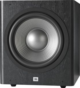 JBL Studio Sub 260P sort baskabin, set forfra, med en rund centralmonteret højttaler i en mørk træboks med firkantet form
