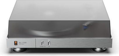 JBL TT350 pladespiller i børstet metal, set forfra, med drejetallerken, tonarm og kontrolknapper