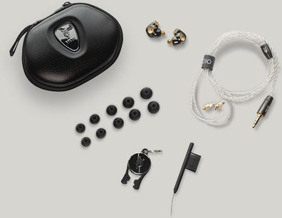 Åbne hi-fi hovedtelefoner Meze Audio ADVAR, hovedtelefoner, kabel, ørepropper, sort hård etui, top view på hvid baggrund