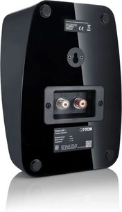 Reproduktor Dolby Atmos Canton Vento AR 1 v lesklé černé barvě, zadní pohled se zapuštěným terminálem a nástěnným upevněním