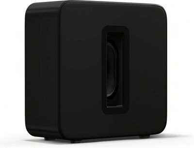 Subwoofer Sonos Sub (Gen 4) v černé barvě, pohled ze tří čtvrtin, obdélníkový tvar, centrální otvor, zaoblené rohy
