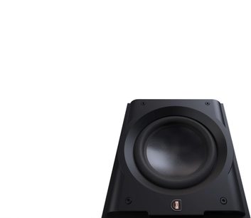 Cassa subwoofer Perlisten R10s, vista frontale, altoparlante circolare centrale con membrana testurizzata, cornice nera opaca, logo in basso