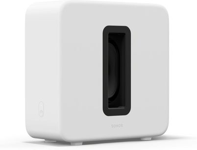 Subwoofer Caisson de grave Sub (Gen 4) v bílé barvě, pohled ze tří čtvrtin, obdélníkový tvar, centrální černý otvor, zaoblené rohy