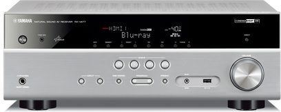 Yamaha RX-V477 titano namų kino stiprintuvas, priekinis fasadas, LCD ekranas, mygtukai, garsumo rankenėlė, vėdinimo grotelės
